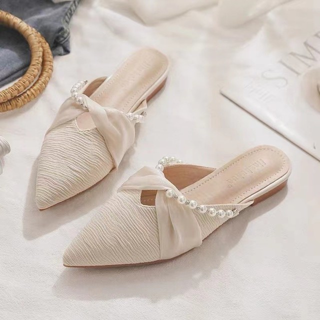 Ladies Half Slippers Beige Color Shoes Designer Fabric and Leather Footwear  For Women Street And Working Wear Girls With Pearl - AliExpress